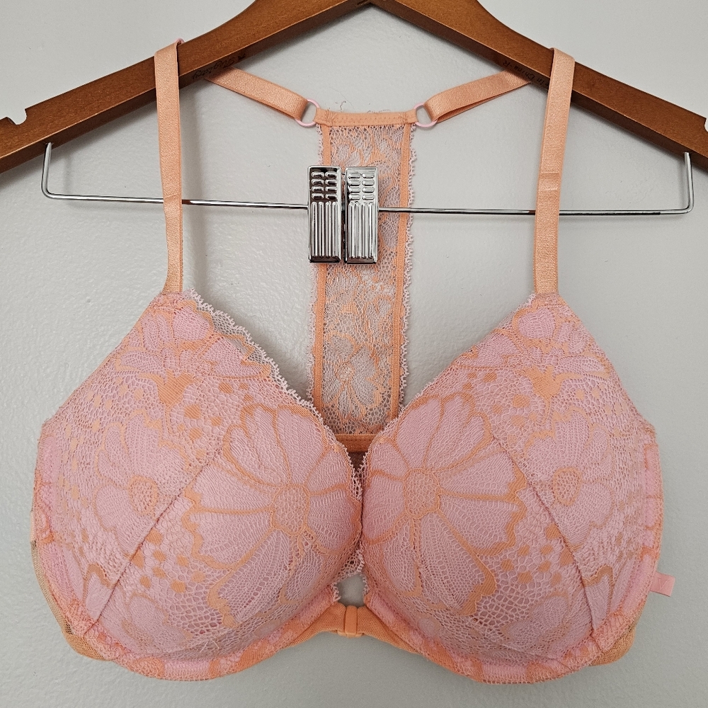 NWT Victorias Secret racerback push up bra front closure pink orange lace 34DD